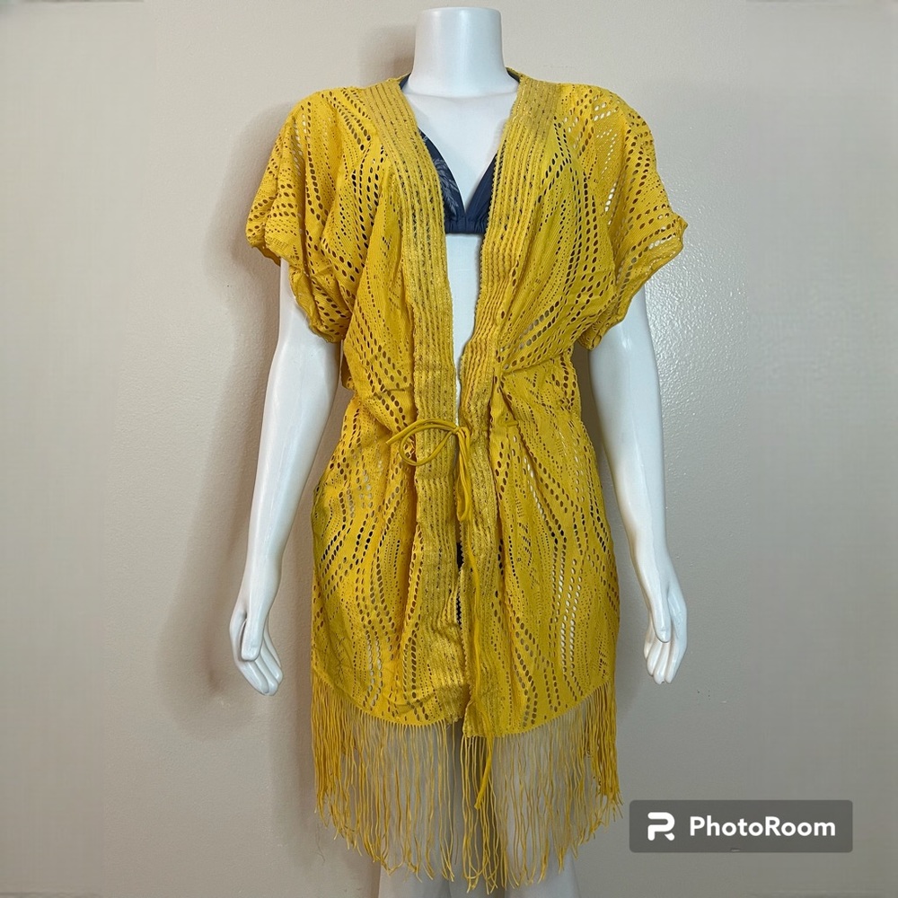 Mustard yellow summer beachwear fringe hem kimono swimwear cover up